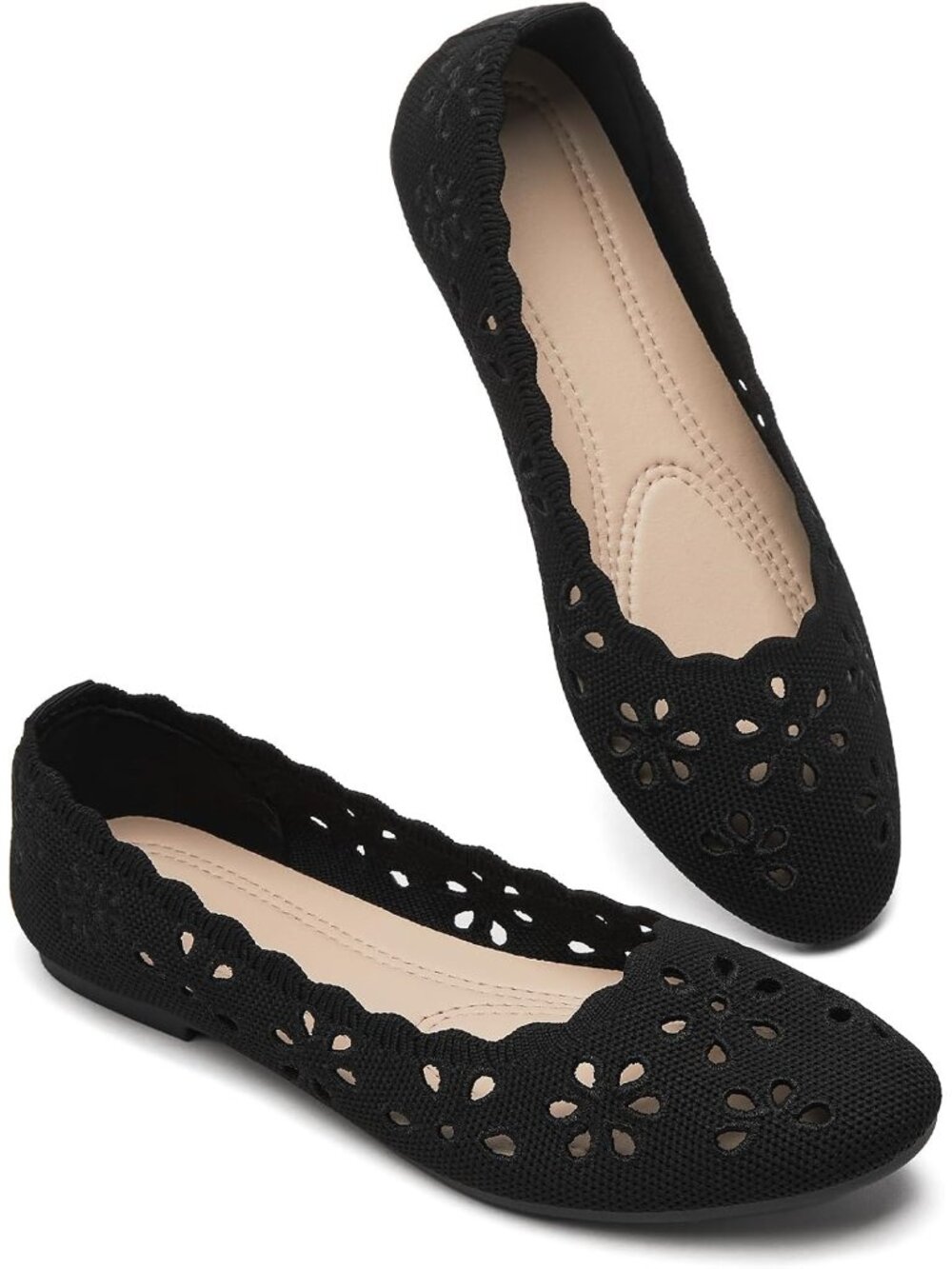Women's Black Mesh Floral Ballet Flats Comfortable Slip On Casual Walking Shoes
